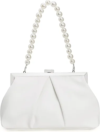 Vista 14 de CHARMING TAILOR Bolso de mano de piel sintética con marco de metal de PU fruncido, bolsa de noche formal con perla