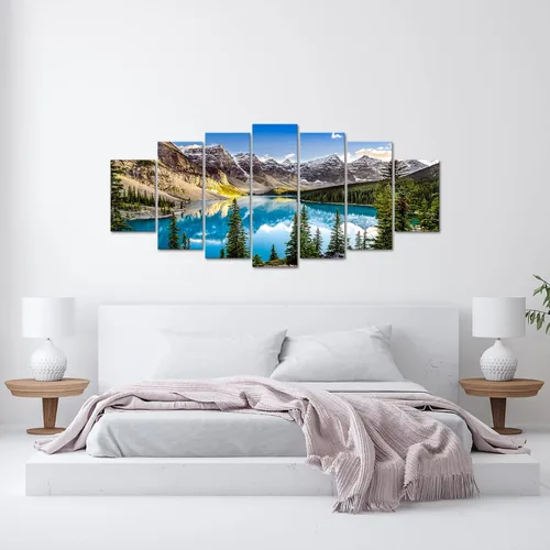 Vista 5 de Enorme lienzo de 7 piezas de arte para pared, vista del lago Moraine y cordillera al atardecer en las montañas rocosas canadienses, arte moderno