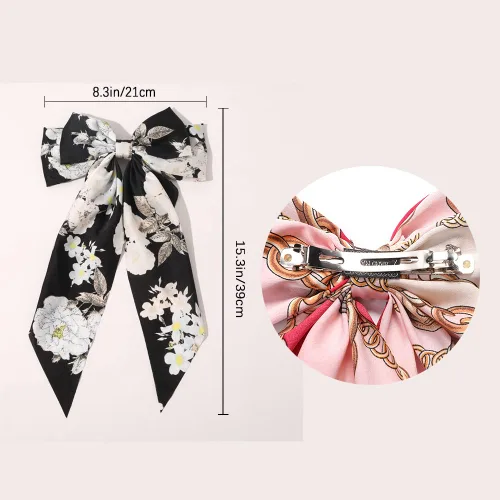 Vista 2 de Pinzas grandes para el pelo para mujeres y niñas, clip de cinta de pelo de cocodrilo floral grande, lazos de cinta negra larga con lazo grande flor