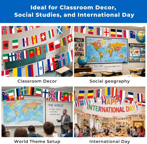 Vista 6 de 100 banderas de país de 82 pies, banderas de poliéster reutilizables del mundo pre-encordadas para decoración de aula, fiesta, festival, patio