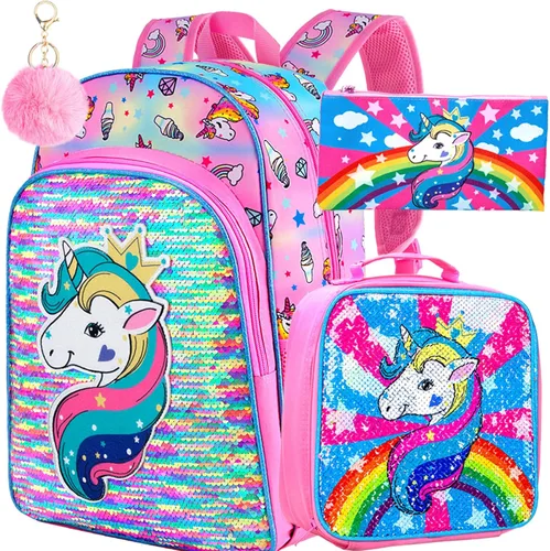 Vista 15 de 3 piezas de mochilas infantiles para niñas, 41 cm, mochila escolar preescolar y lonchera con diseño de unicornio/sirena/flamenco Mochila
