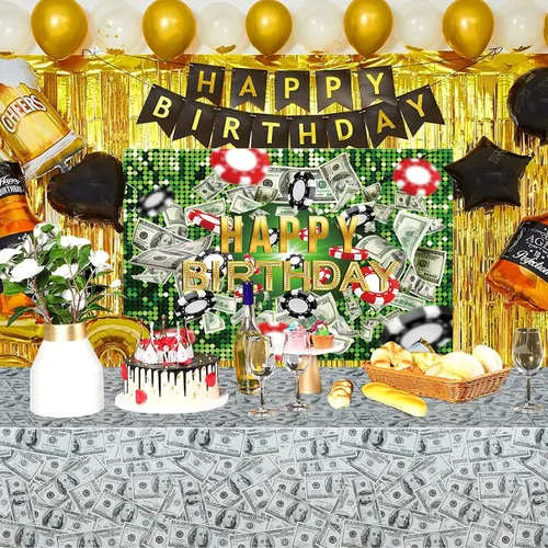 Vista 6 de PHOGARY Mantel de 3 piezas para decoración de fiesta temática de dinero, manteles de billetes de dólar, manteles de mesa de dinero para cumpleaños