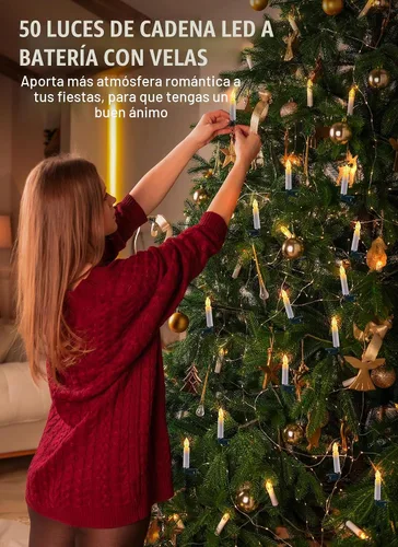 Vista 2 de Minetom Velas de Árbol de Navidad de 50 LED a Batería, Luces sin Llama de 48 Pies con Clip con 8 Modos, Cadena Blanca Cálida Impermeable para Blanco