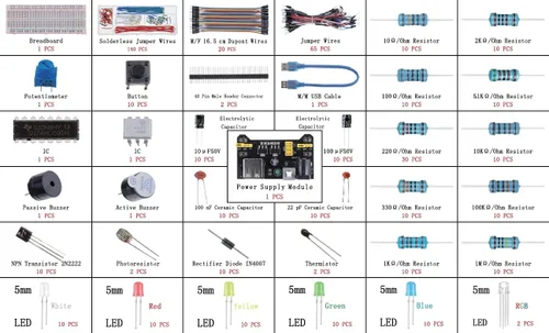 Vista 3 de BOJACK 37 Values - Kit de 480 piezas de componentes electrónicos con módulo de fuente de alimentación, cable de puente, potenciómetro de precisión