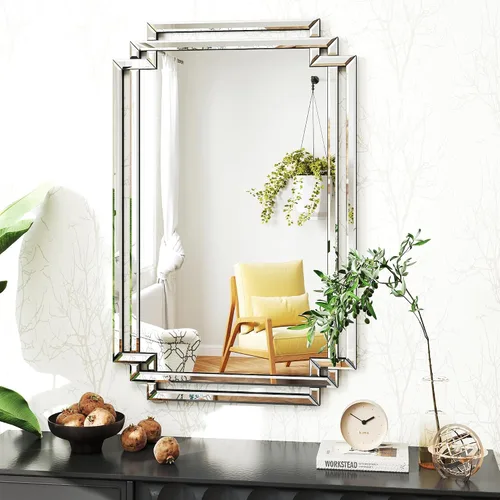 Vista 7 de Espejo decorativo para decoración de pared, elegante espejo de sala de estar de 24 x 36 pulgadas con piezas de vidrio y borde biselado, moderno