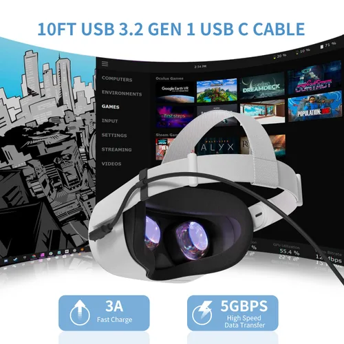 Vista 2 de VeeR Link Cable 10FT Compatible with MetaOculus Quest 2 Accessories, USB C Cable Quest 2 Link Cable Compatible with PCSteam VR, High Speed Data