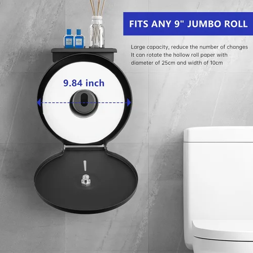 Vista 2 de Dispensador de papel higiénico gigante comercial con estante, soporte de rollo de acero inoxidable para montaje en pared, dispensadores de papel