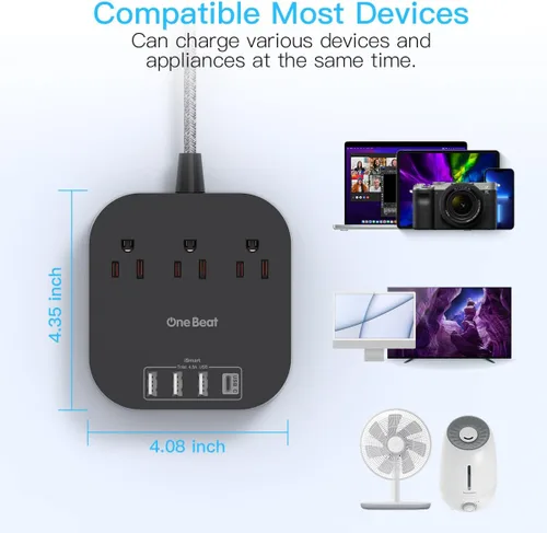 Vista 7 de Regleta de alimentación - Cable de extensión de 10 pies de largo con puertos USB C, 3 tomacorrientes 4 estación de carga de escritorio USB, regleta
