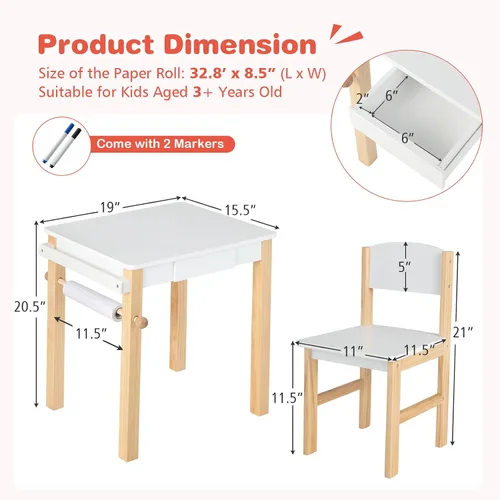 Vista 4 de Costzon Juego de mesa y silla para niños, mesa de arte con rollo de papel, cajón, 2 rotuladores, mesa de actividades de madera, adecuada para sala