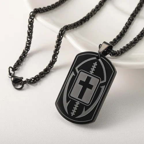 Vista 2 de Football Cross Dog Tag Necklace for Son Men Boys Stainless Steel Bible Verse Pendant Sports Communion Confirmation Religious Baptism Jewelry Gifts