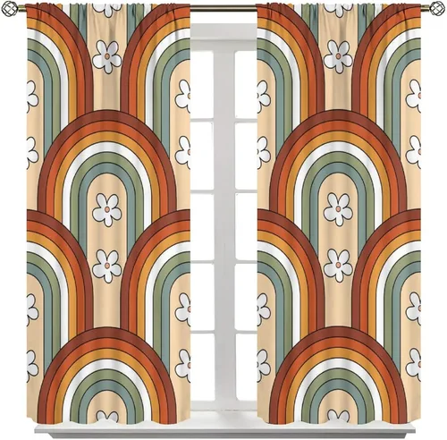 Vista 2 de Cortinas opacas de flores arcoíris para dormitorio, estilo retro abstracto, hippie, cortinas de ventana con aislamiento térmico para sala de estar