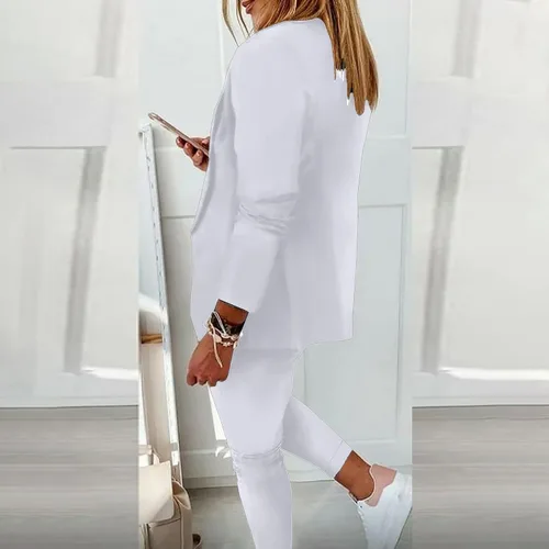 Vista 2 de Conjuntos elegantes para mujer, estilo casual, con parte delantera abierta, blazer y pantalones con cordón, conjunto elegante de 2 piezas