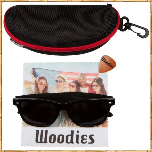 Vista 4 de Woodies Gafas de sol clásicas polarizadas de madera de ébano negra Wayfarer con lente TAC para hombres y mujeres, 100% protección contra rayos