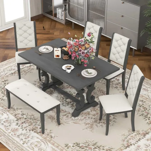 Vista 13 de RUNWON Juego de comedor retro de madera de 7 piezas con mesa extensible y 6 sillas tapizadas para el hogar, marrón antiguo y blanco Marrón