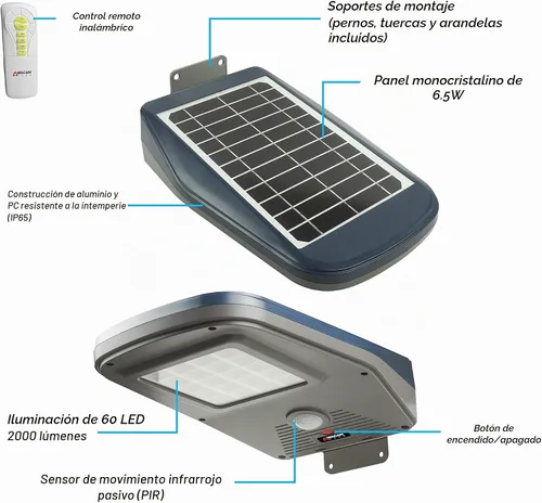 Vista 2 de Wagan EL8590 - Luz de calle solar LED integrada de 2000 lúmenes con control