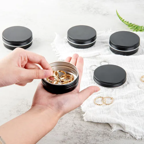 Vista 5 de Restaurantware RW Base - Cajas de almacenamiento de lata de 2 onzas, 100 cajas redondas de lata con tapas, tapas atornillables duraderas