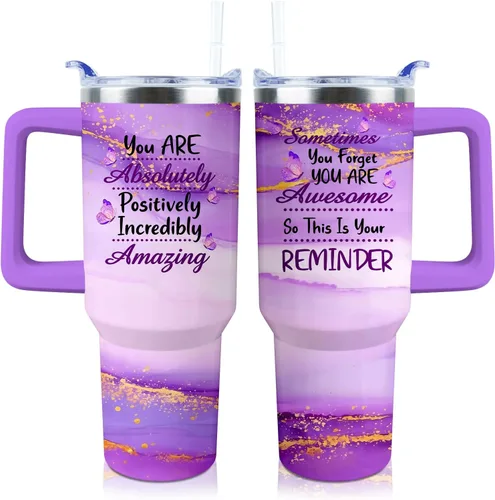 Vista 18 de Vaso de 40 onzas con asa y tapa con pajita a prueba de fugas Regalos inspiradores de cumpleaños del Día de la Madre para mujeres, hombres