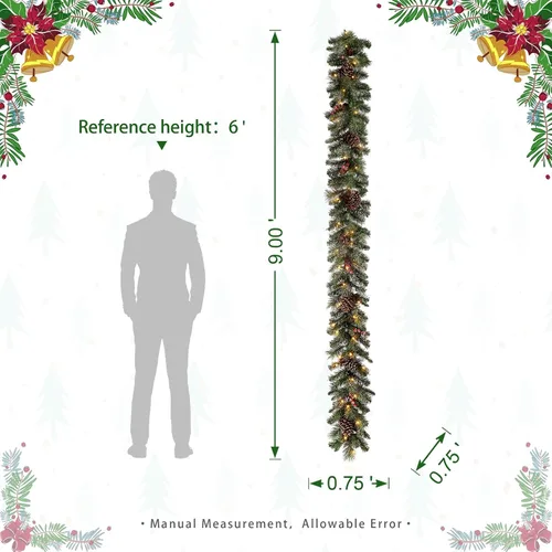 Vista 5 de Glitzhome - Guirnalda de Navidad de 9 pies con luces, guirnalda de Navidad para repisa, guirnalda de Navidad artificial preiluminada con conos