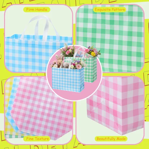 Vista 4 de Colarr 12 piezas bolsas de mano de Pascua extra grandes con asa, bolsa de regalo de primavera, no tejida, a cuadros búfalo, impermeable