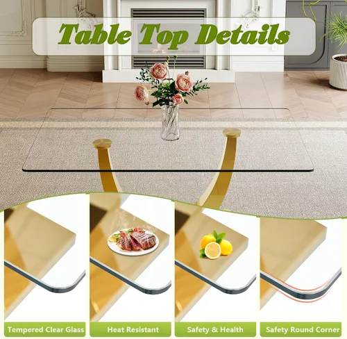 Vista 6 de Juego de mesa de comedor de cristal de 63 pulgadas para 4, mesa de comedor para 4, mesa de comedor con patas y base de acero inoxidable, sillas