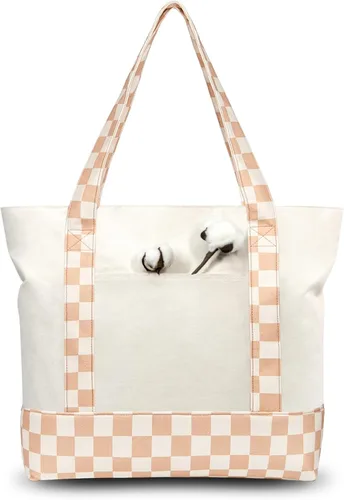 Vista 22 de TOPDesign Paquete de 1 bolsa de lona con bolsillo externo, bolsa de compras reutilizable para comestibles, cierre de cremallera superior, artículos