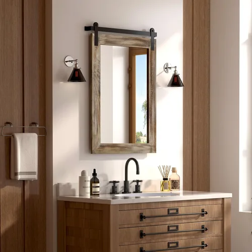 Vista 54 de COGOOD Espejo de puerta de granero de granja, 25 x 18 pulgadas, espejo decrativo con marco de madera rústica para baño, sala de estar, decoración