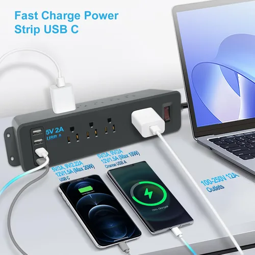 Vista 4 de Regleta de alimentación de montaje en pared de 9 salidas con USB C HdcTek Extensor de salida de doble cara, puertos USB-A de carga rápida y 1 puerto