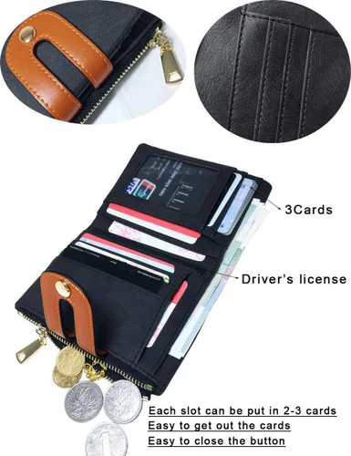 Vista 16 de AOXONEL Cartera pequeña de cuero plegable Rfid para mujer, con cremallera, bolsillo para tarjeta de identificación, delgada, compacta y delgada