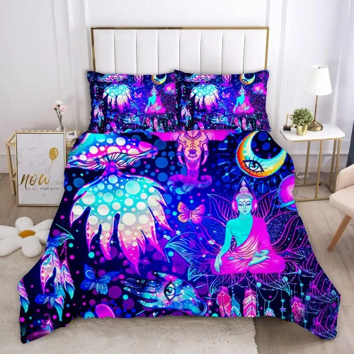 Vista 13 de Juego de funda de edredón psicodélico de fantasía con diseño de hongos psicodélicos, galaxia, verde cielo, morado, diseño de hongos estrellados, #1
