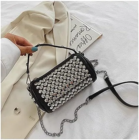 Vista 3 de Bolso cruzado cilíndrico con diamantes de imitación, monedero de barril brillante para mujer