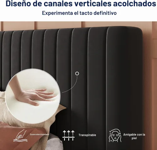 Vista 5 de Allewie Base de cama individual, plataforma tapizada de terciopelo con cabecera capitoné de canal vertical ajustable, base de colchón con listones