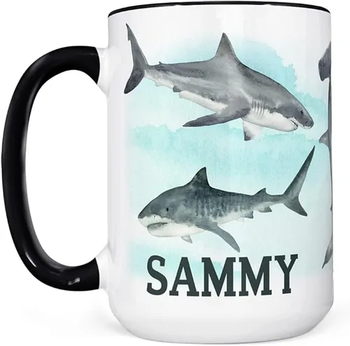 Vista 5 de Personalized Sharks Illustration Ceramic Coffee Mug, 11 or 15 oz