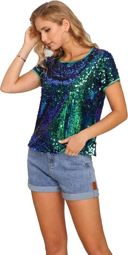 Vista 3 de Camiseta de manga corta con lentejuelas brillantes para mujer, cuello redondo y brillantina, para verano, discoteca, fiesta, túnica