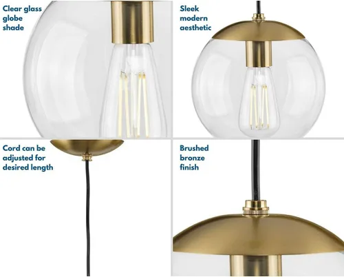 Vista 5 de Progress Lighting Atwell Collection - Lámpara colgante colgante moderna con forma de globo de cristal transparente de bronce cepillado