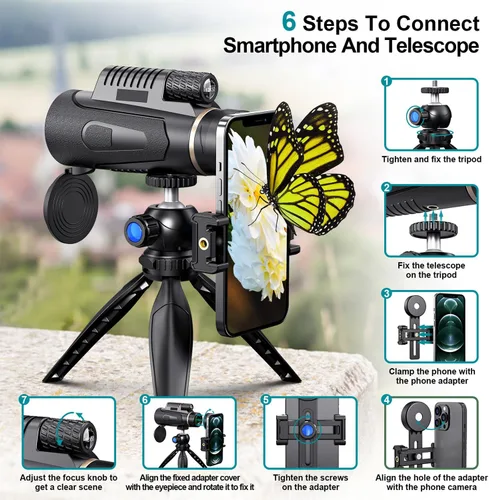 Vista 4 de Monocular Telescope for Smartphone,12X50 Hd Monoculars for Adults High Powered with Tripod for Bird Watching Camping Hunting,A