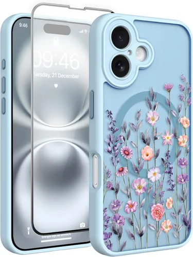Vista 169 de Magnético para iPhone 13 con protector de pantalla [Compatible con MagSafe] Diseño de patrón floral de flores bonitas, funda delgada a prueba