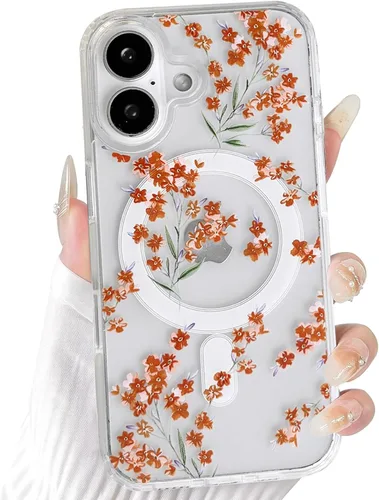 Vista 46 de NITITOP Funda magnética transparente compatible con iPhone 14 Plus/15 Plus, compatible con MagSafe lindas flores, hojas florales para mujeres