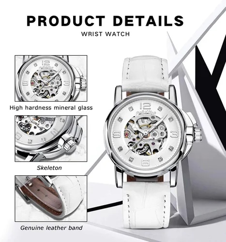 Vista 4 de Gute Reloj de pulsera de lujo mecánico de acero inoxidable con esqueleto steampunk automático para mujer