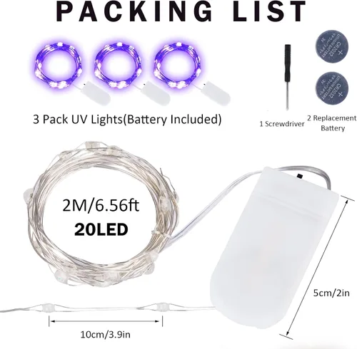 Vista 7 de OMIKA Paquete de 3 tiras de luces de batería de luz negra UV para interiores, 6.56 pies, 20 luces LED de alambre de cobre púrpura UV para Halloween
