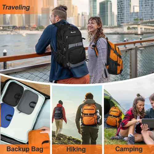 Vista 3 de Seektop Mochila de viaje ligera para hombres y mujeres, múltiples bolsillos 40L, mochila de senderismo plegable, Negro, Grande