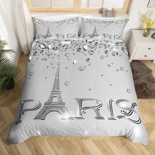 Vista 21 de Erosebridal Funda de edredón de la Torre Eiffel para niñas, juego de ropa de cama romántica de París azul, negro y blanco, funda de edredón