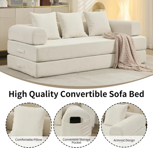 Vista 5 de Sofá de compresión, sofá cama convertible, sofá modular con almohada, cómodo sofá de tela de felpilla con espuma viscoelástica, sofá de piso
