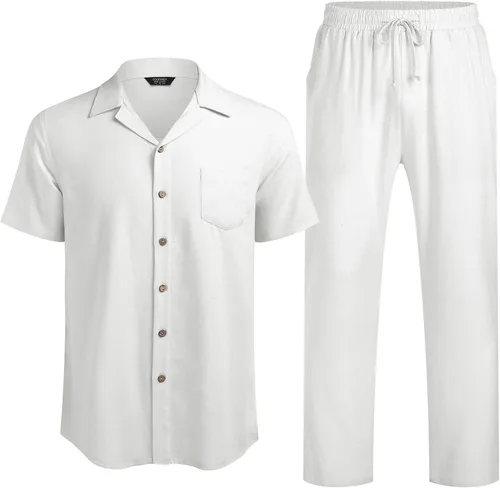Vista 2 de COOFANDY Conjunto de ropa de lino de 2 piezas para hombre camisa con botones y pantalones sueltos