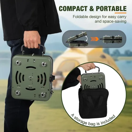 Vista 3 de Estufa de camping de propano de 2 quemadores, estufa de gas plegable portátil para acampar con 17200 BTU, dos quemadores ajustables con mango
