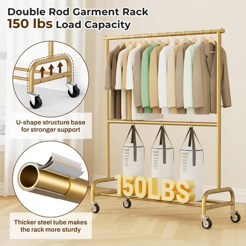 Vista 2 de MISSLO Perchero resistente para ropa con ruedas, para colgar ropa, para abrigo, vestuario, dorado (doble barra)