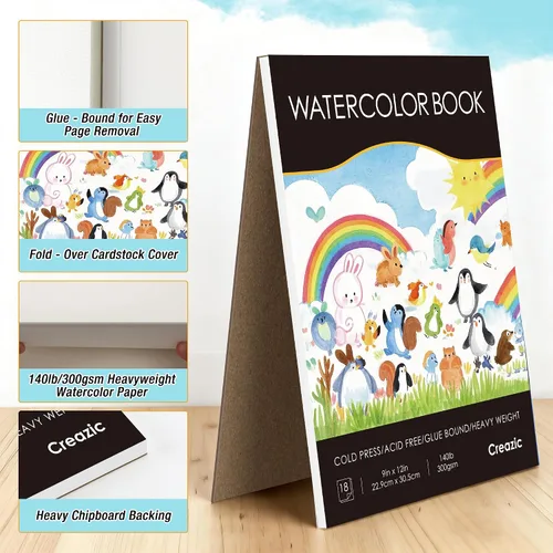 Vista 7 de Creazic Bloc de Papel para Acuarela, 9"x12" Cuaderno de Acuarela, 140 lb/300 gsm, 18 Hojas Prensado en Frío - Sin Sangría, Papel de Arte Pesado
