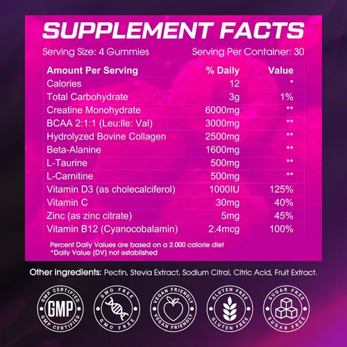 Vista 7 de Creatina para mujeres, 6000 mg de creatina monohidrato gomitas con colágeno