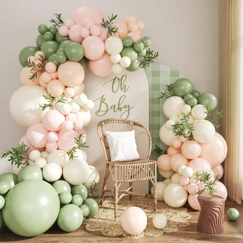 Vista 24 de Kit de arco de globos verde salvia azul pastel, 124 piezas de globos macarón amarillo blanco verde para decoraciones de cumpleaños de ganso, género