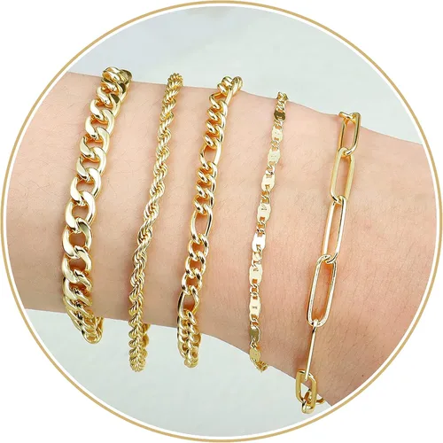 Vista 9 de KesaPlan Pulsera de moda para mujer, chapado en oro real de 14 quilates, delicado eslabón cubano con clip de cuerda, paquete de pulseras para niñas