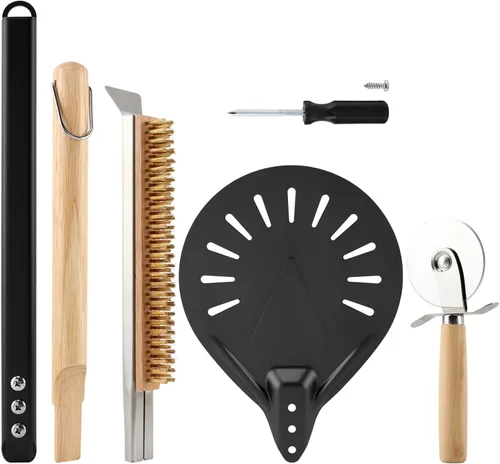 Vista 3 de Kit de accesorios para horno de pizza con cepillo para horno de pizza y raspador de piedra, mango largo perforado de aluminio de 7.8 pulgadas, rueda